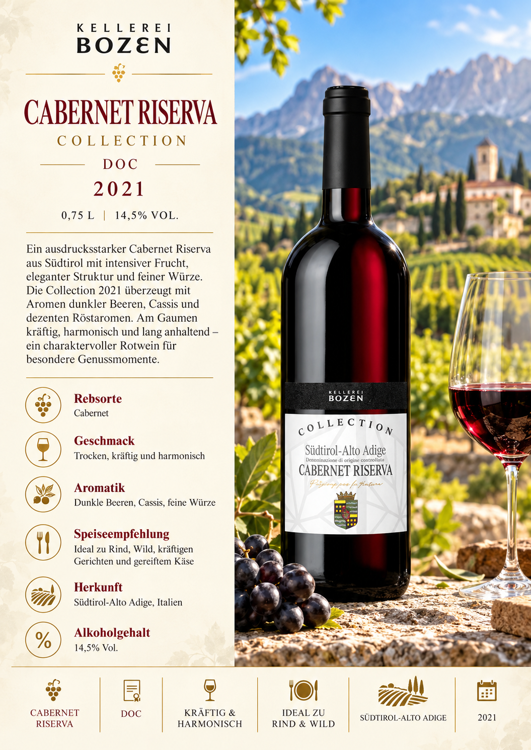 Rotwein, Cabernet Riserva, Südtirol, Alto Adige, Flasche 0,75L