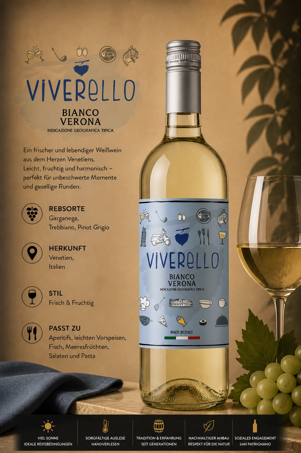 Weißwein, Flasche, Etikett, ViVERELLO, Italien