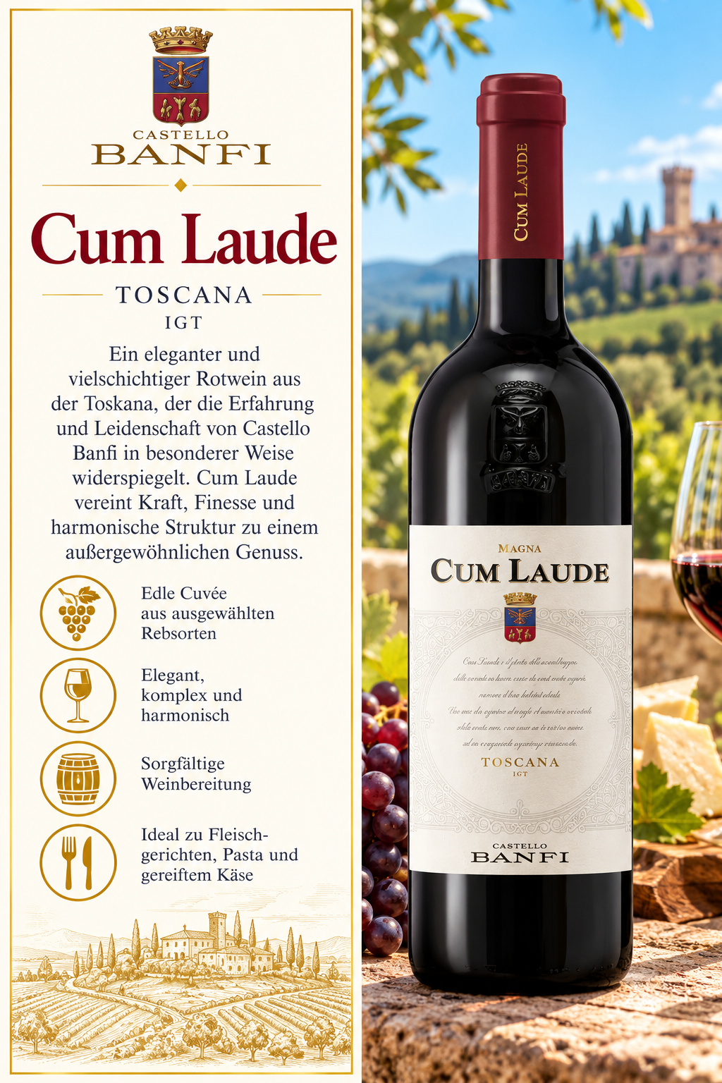 Rotwein, Toscana, Cum Laude, Flasche, Weinbereitungen