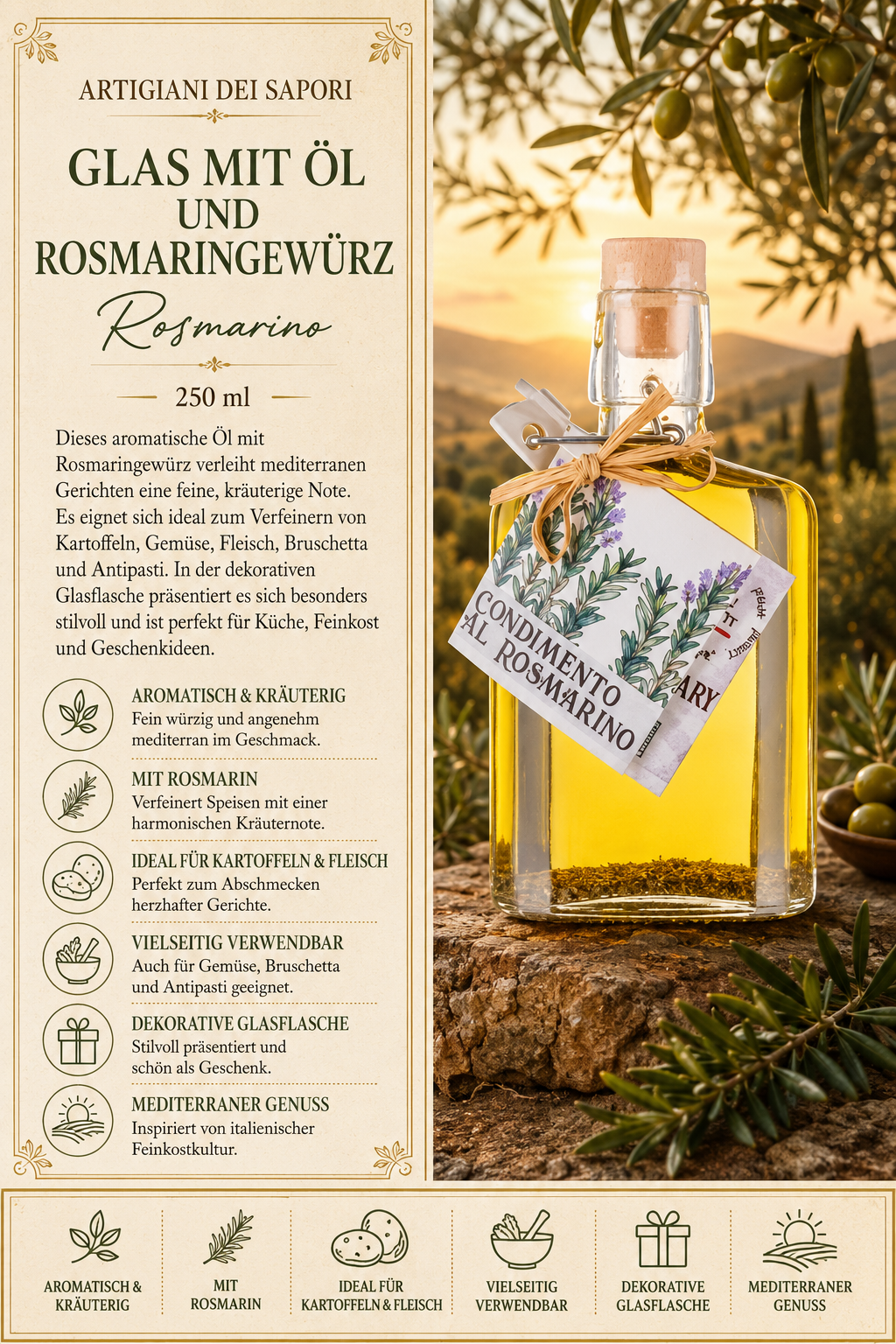 Glas mit Öl, Olivenöl, Rosmarin, Rosmarin-Gewürz, Kunstvolle Flasche