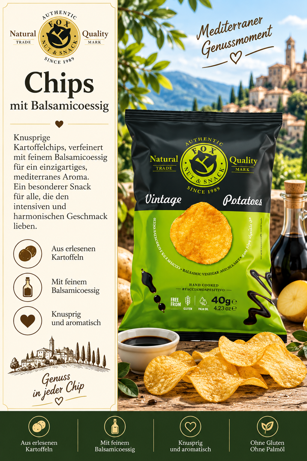 Chips, Kartoffelchips, Balsamico, Knusprig, Getreidefrei