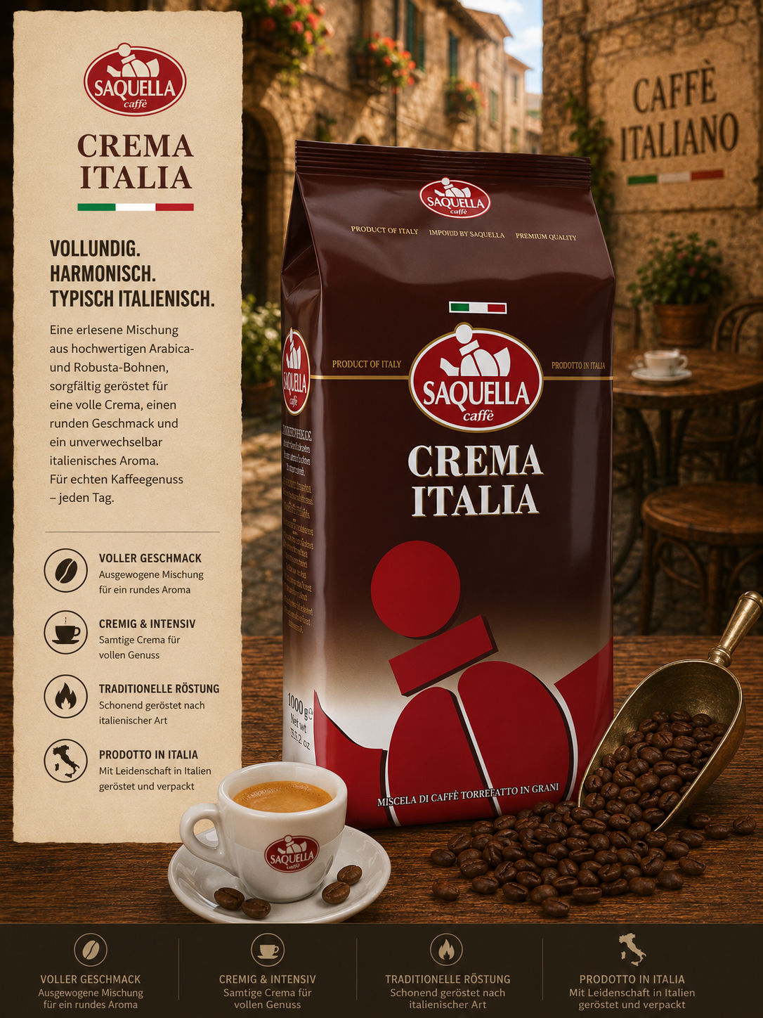 Kaffee, Kaffee-Bohnen, Crema Italia, Kaffeepackung, Italienische Röstung