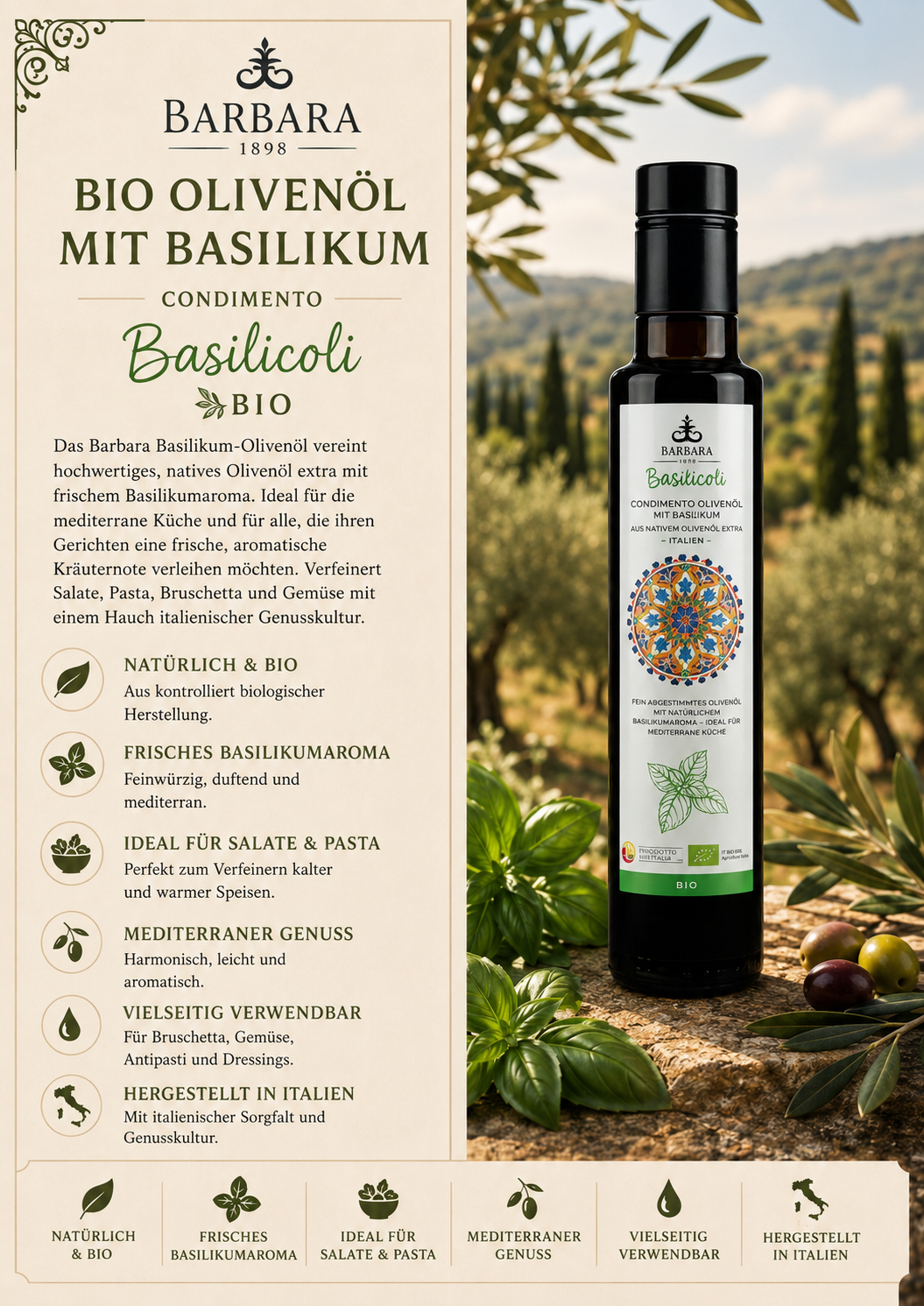 Basilikumöl, Bio Olivenöl, Basilikumsöl, Italienische Herstellung, Naturally & Bio
