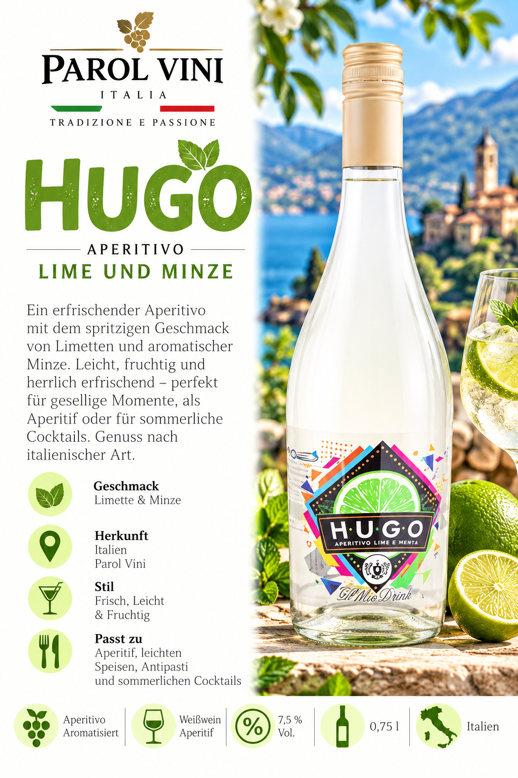 Aperitif, Limette, Minze, Glasflasche, Italien