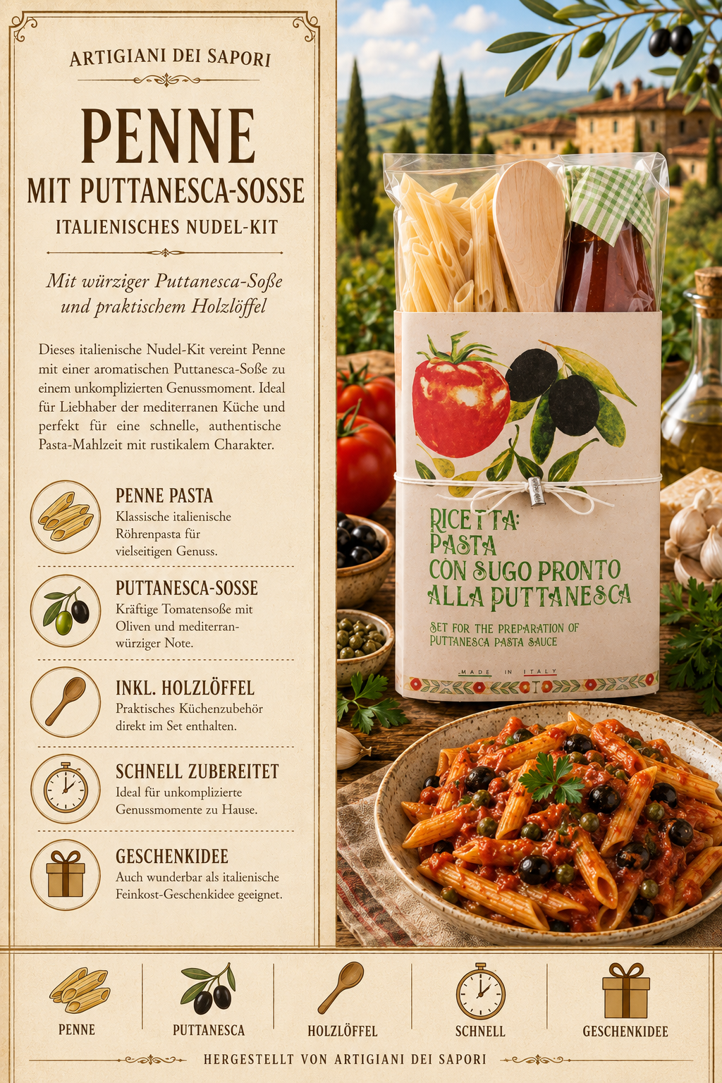 Penne, Puttanesca, Nudel-Kit, Holzlöffel, Pasta-Sauce
