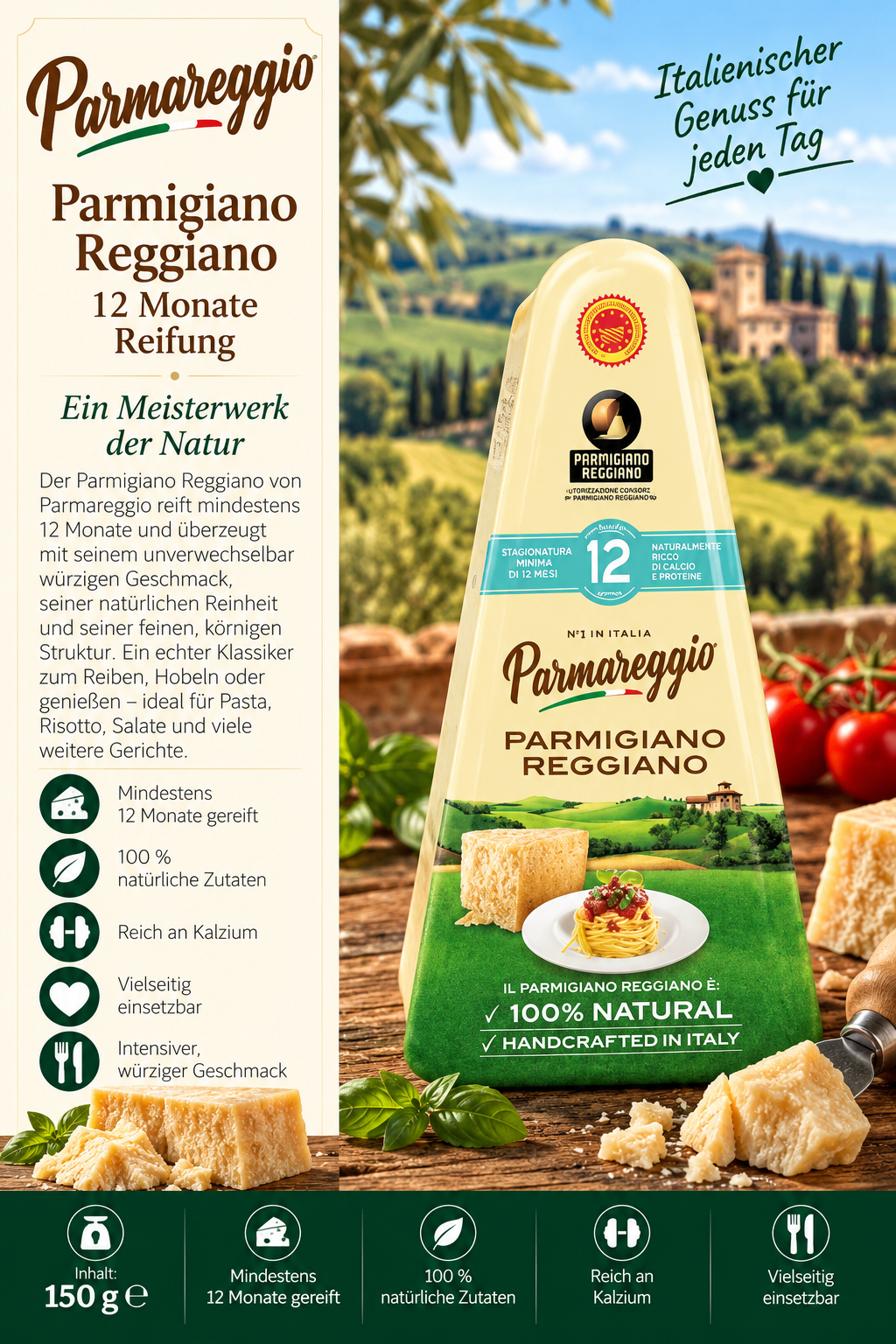 Käse, Parmesan, Parmigiano Reggiano, Käsealter, 12 Monate Reifung