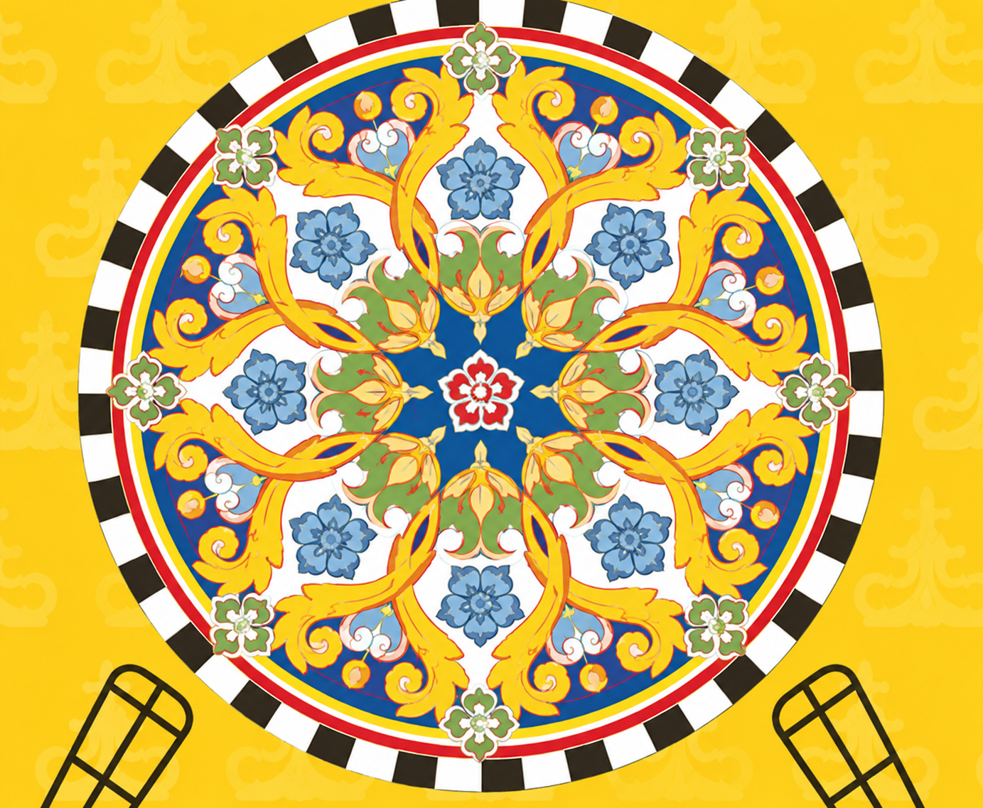 puzzle, dekorative teller, mandala, blumiges muster, gelber hintergrund