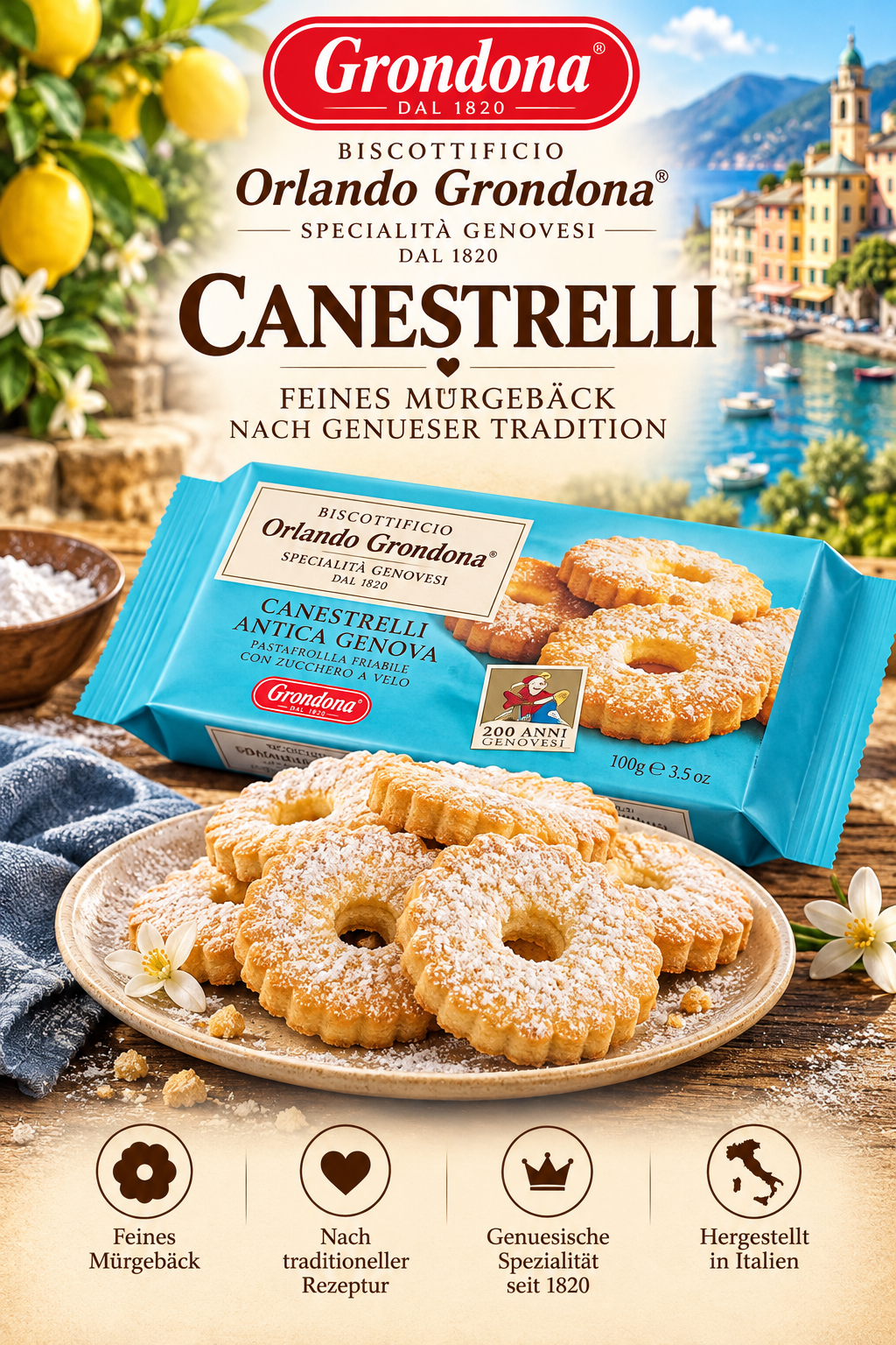 Keks, Mürbgebäck, Canestrelli, Genuesische Spezialität, Blaues Packaging
