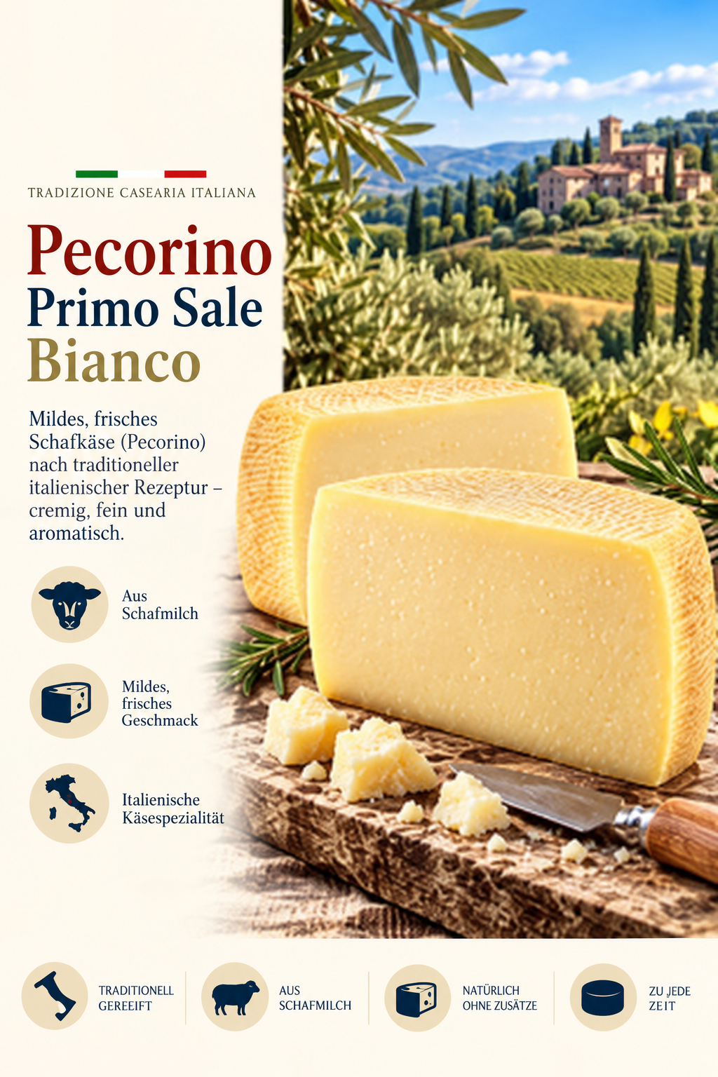 Käse, Pecorino, Bianco, Schafmilch, Käsescheibe