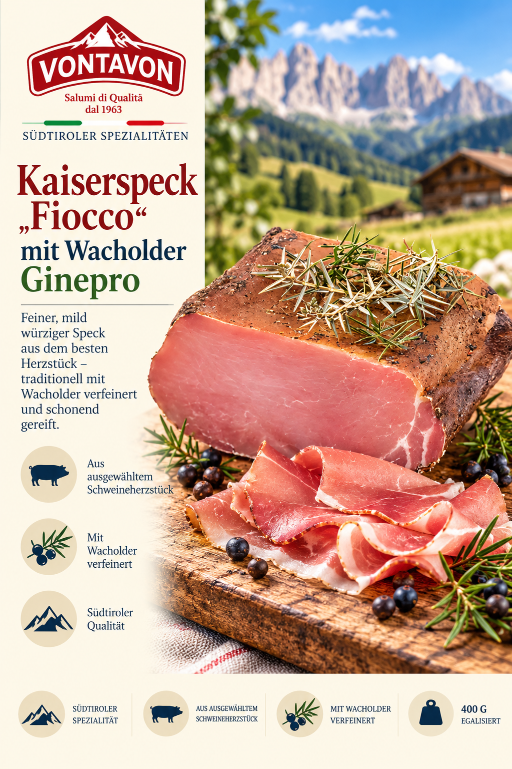 Kasserspeck, Girolle, Wacholder, Ginepro, Schweinefleisch