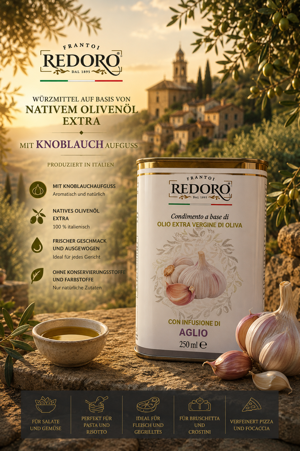 Olivenöl, Knoblauchaufguss, 250 ml, Extra Vergine, Italienische Herstellung
