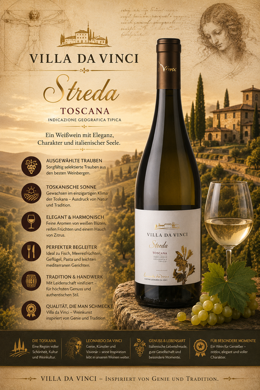 Weißwein, Streda, Toscana, Weinflasche, Weinglas