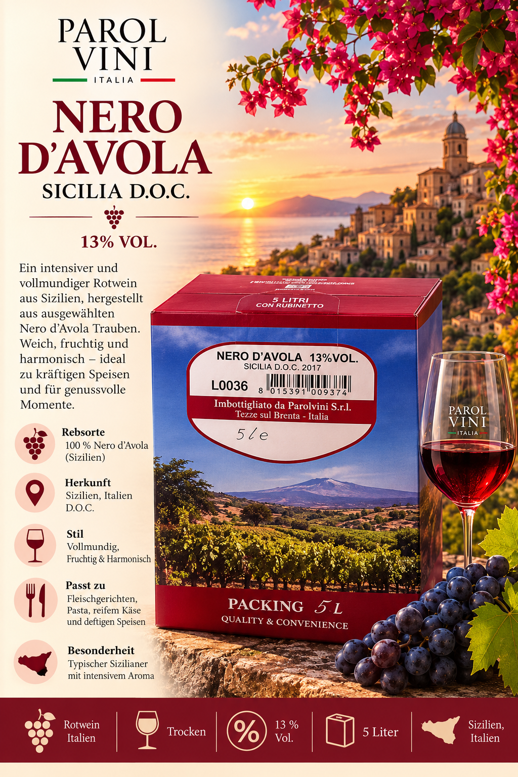 Rotwein, Italien, Nero d'Avola, 5 Liter, Packung