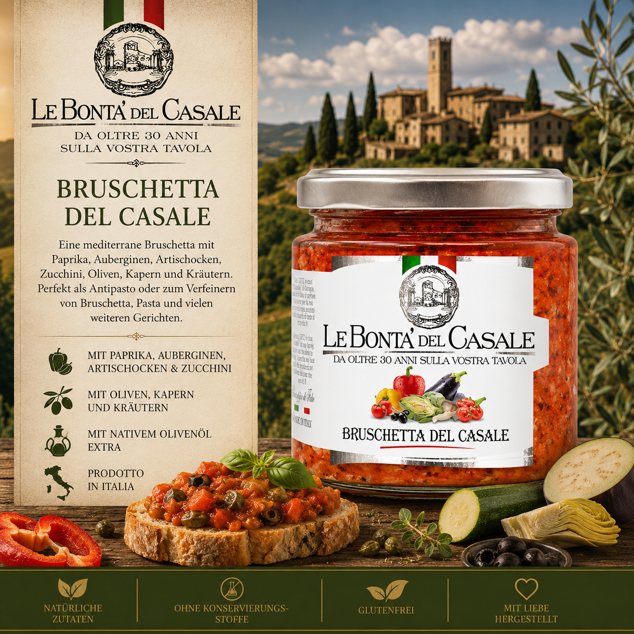 Bruschetta, Bruschetta del Casale, Tomatensauce, Glas, Italienische Küche