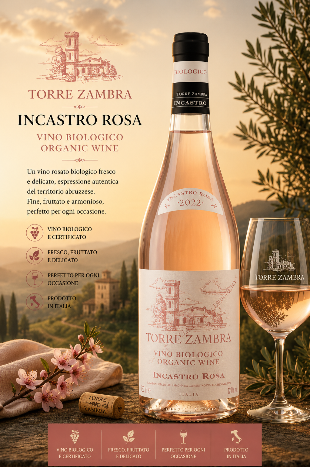 Rosé Wein, Bio-Wein, Weinflasche, Incastro Rosa, Torre Zambra, rosé wine, organic wine, Weinflasche, Italien, Incastro Rosa