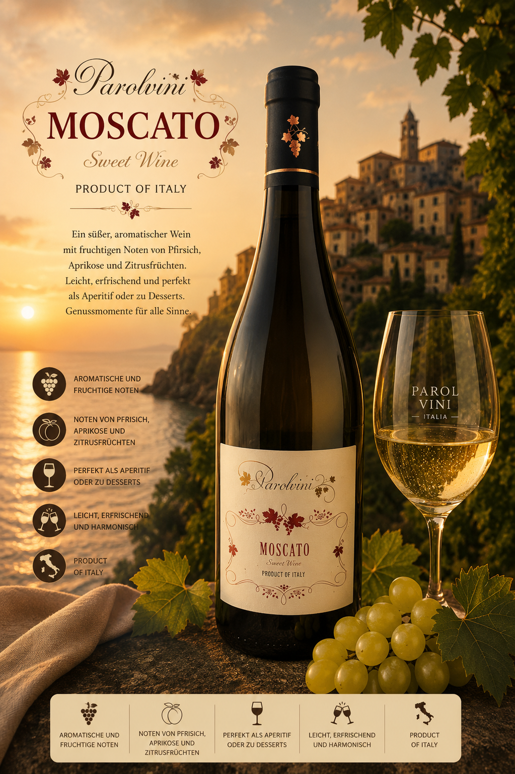 moscato, wein, flasche, trauben, glaswein