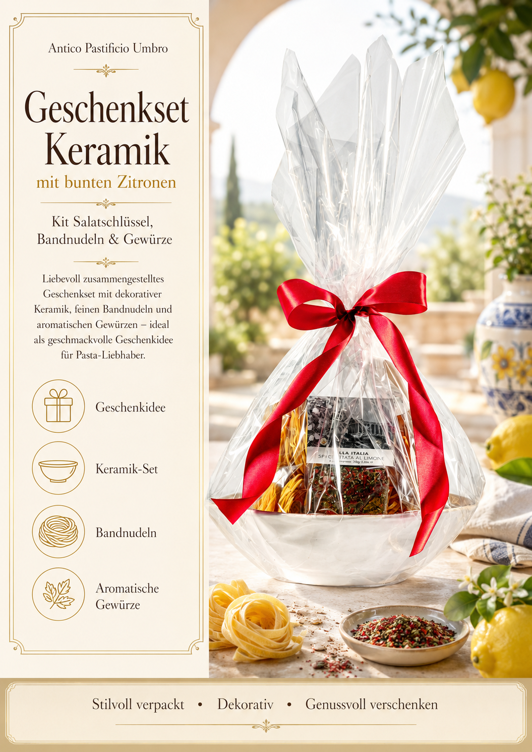 Geschenkset, Keramik-Set, Bandnudeln, Gewürze, Dekoration
