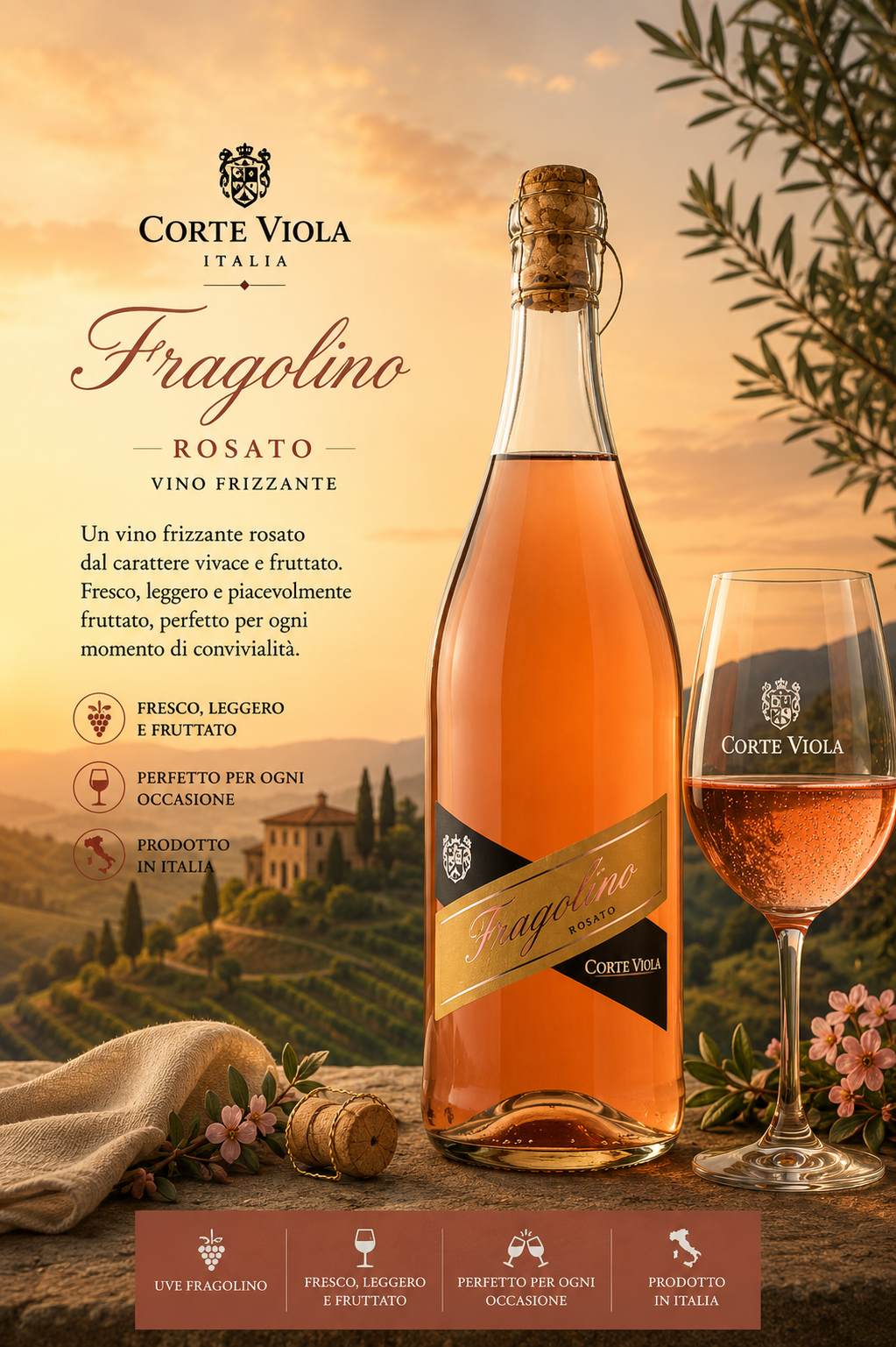 Rosato wine, Fragolino, Vino frizzante, Glass bottle, Etikett玹