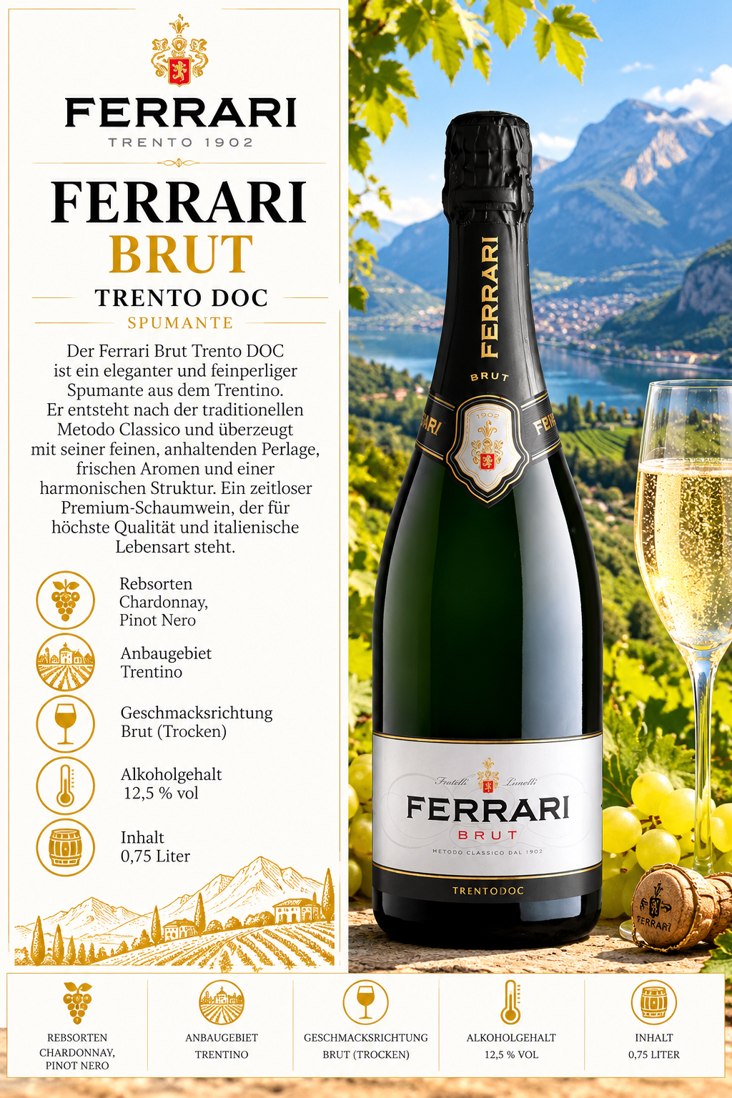 Sekt, Brut, Trento DOC, Glasflasche, 0,75 Liter