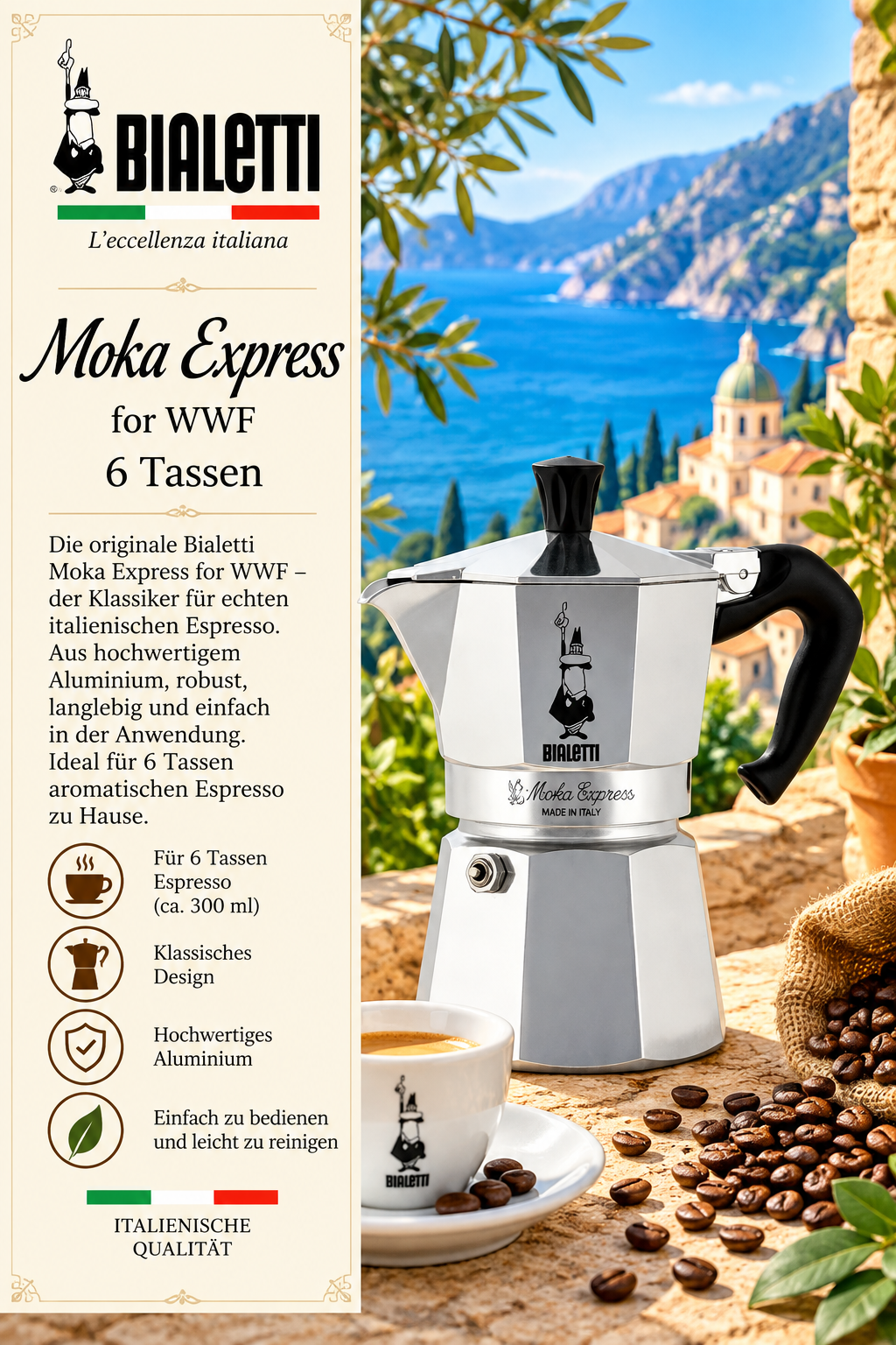 Moka Express, Espressokocher, Aluminium, Kaffeekanne, 6 Tassen