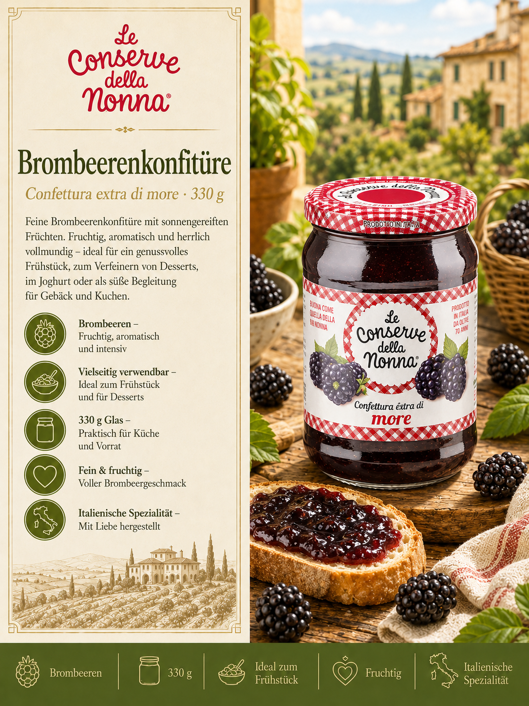 Brombeerenkonfitüre, Konfitüre, Glas, Brombeeren, Italienische Spezialität