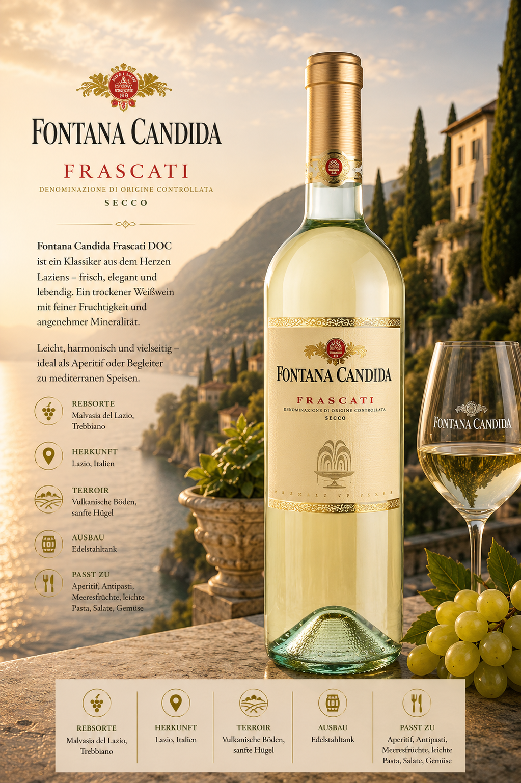 Weißwein, Frascati, Fontana Candita, Edelstahlflasche, Weißweinflasche