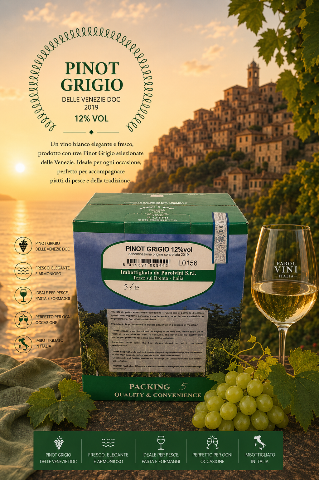 weisswein, pinot grigio, italienische weinverpackung, weinbox, trauben bunch