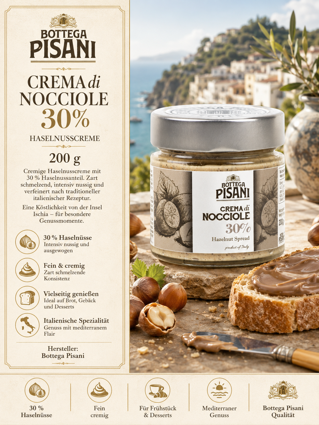 Haselnusscreme, Crema di nocciola, 30% Haselnüsse, Nusscreme, Glasjarung