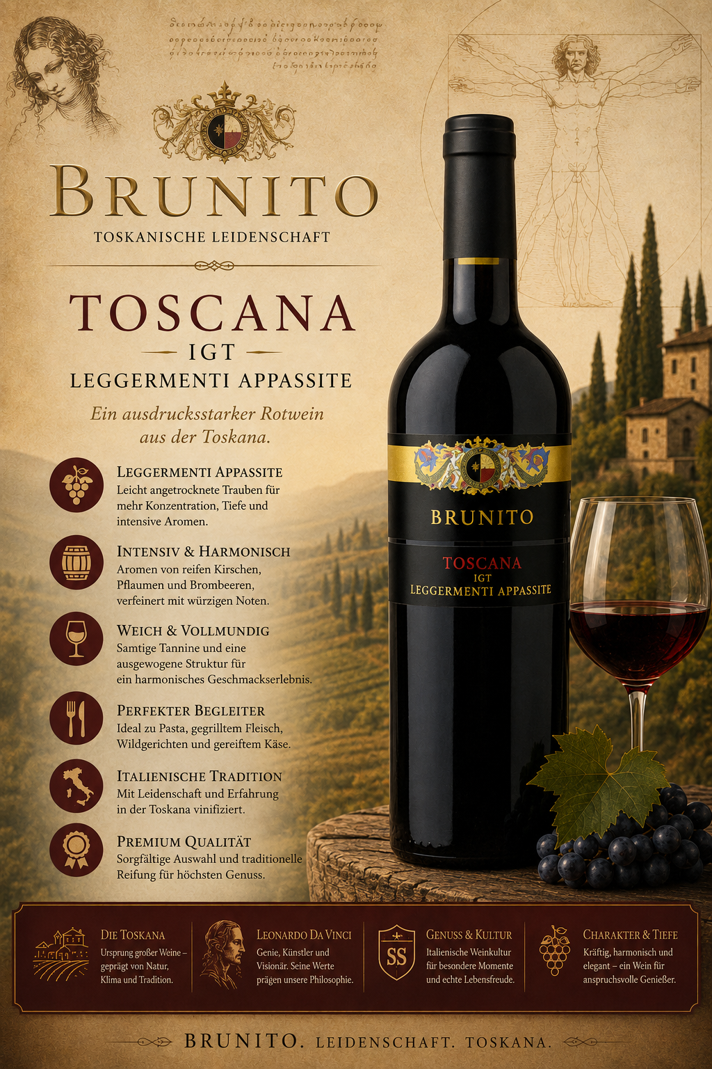 Rotwein, Toscana, Leggermenti Appassite, Flasche, Glas Wein