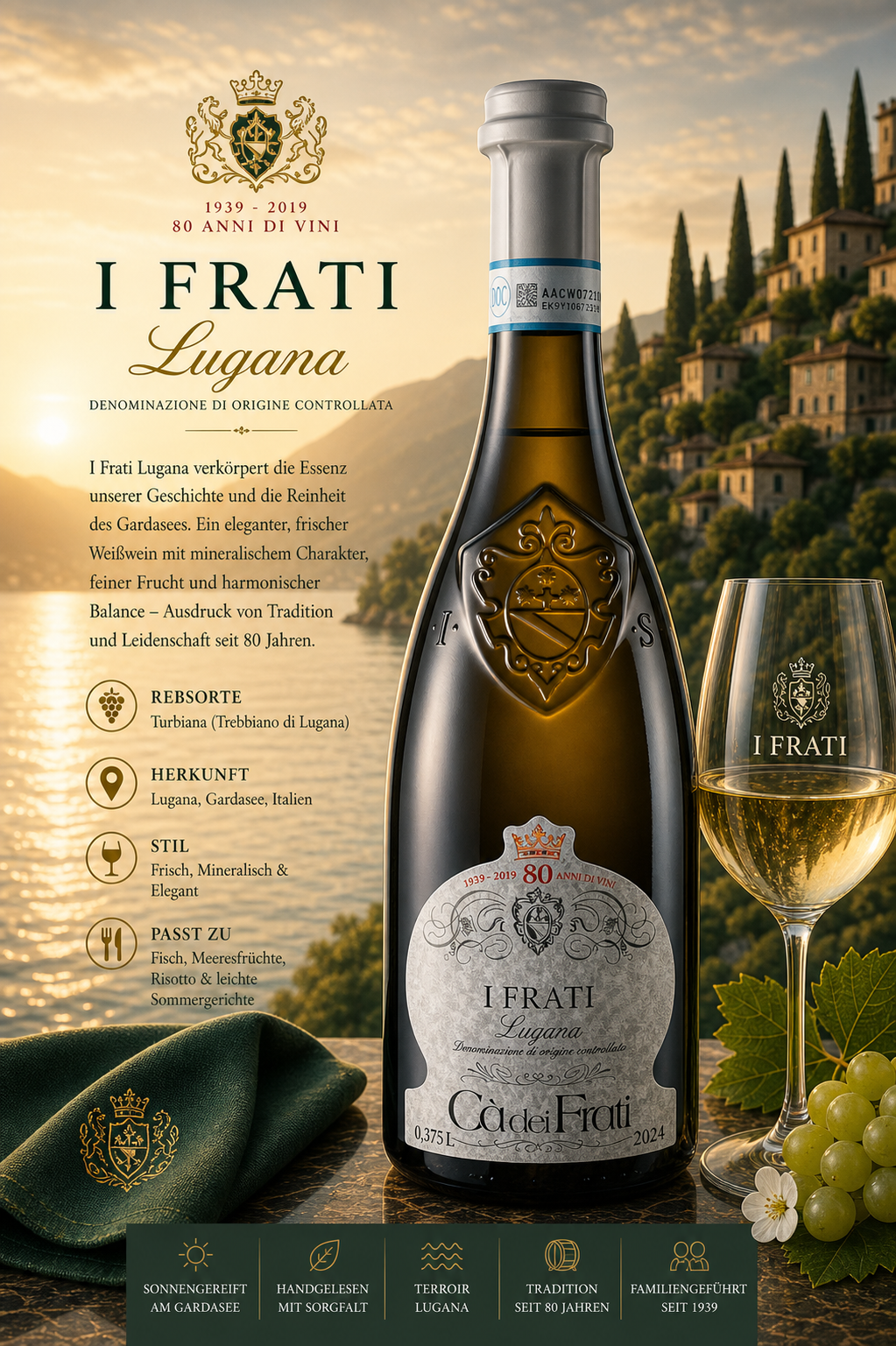 Weißwein, Flasche, Italien, Lorbeerherz, Glas mit Wein