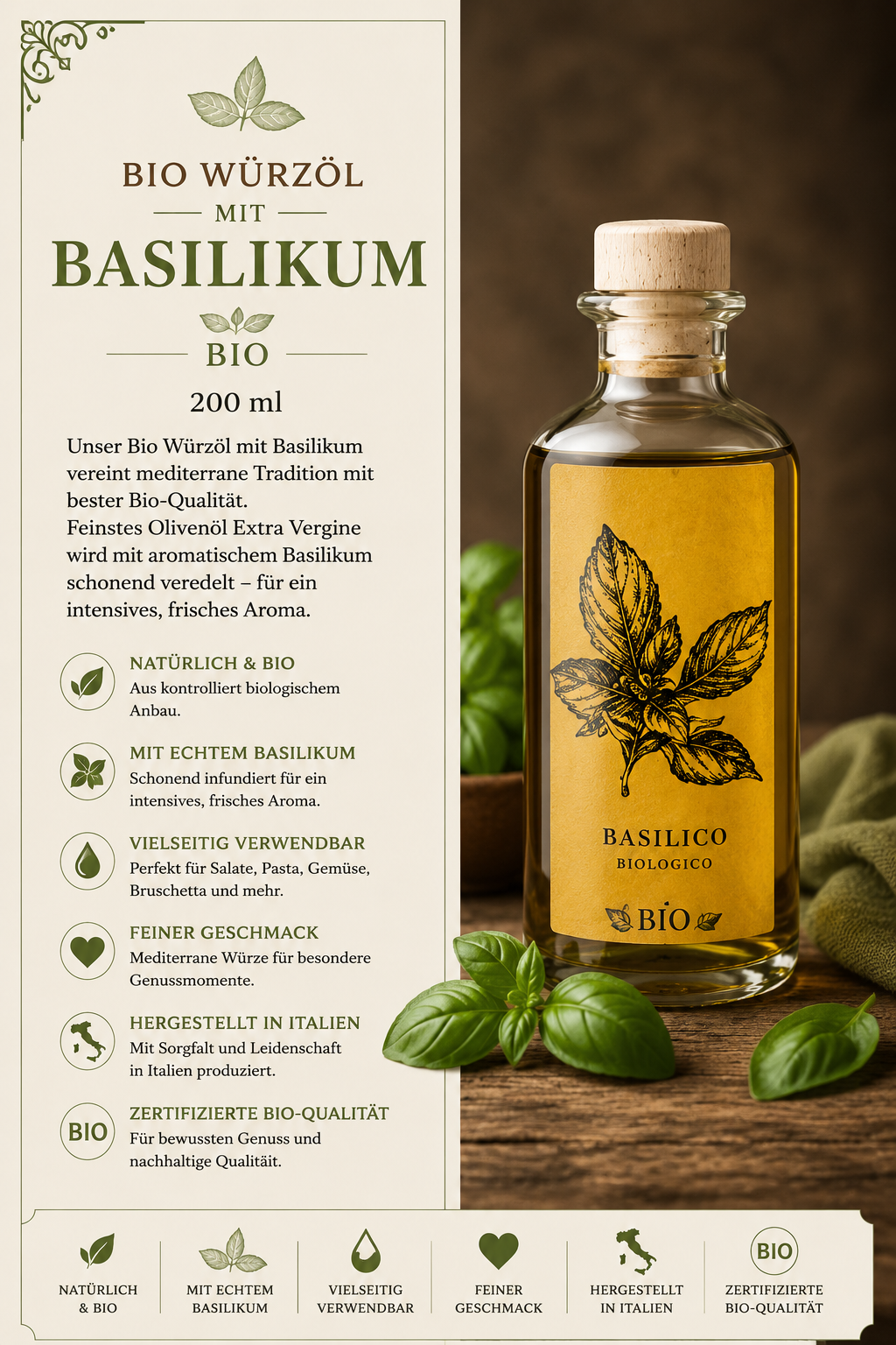 Basilikum Öl, BIO, Bio-Würzöl, Basilikum, Olivenöl