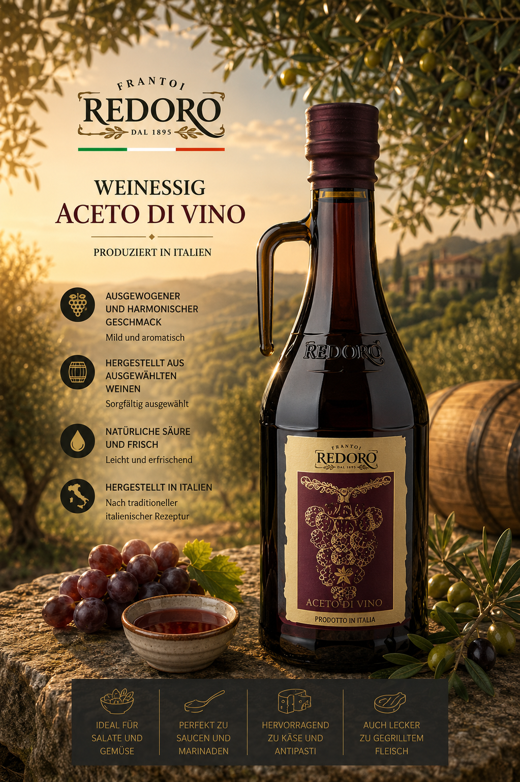 Weinessig, Aceto di Vino, Rotweinbalsam, Flasche, Italien
