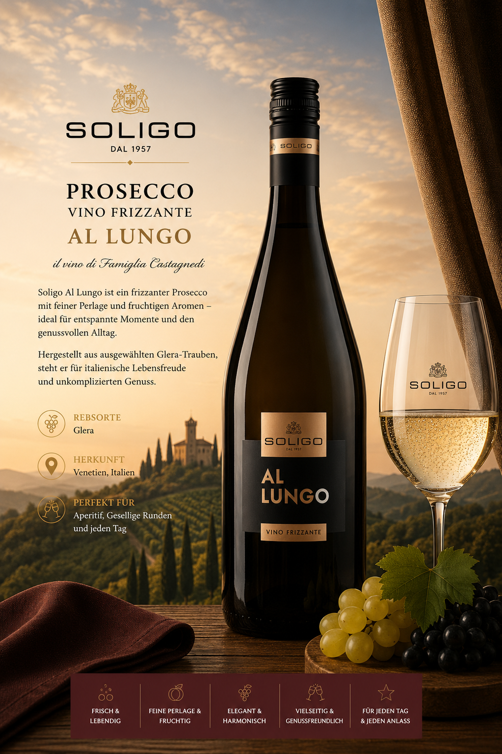 Prosecco, Vino Frizzante, Al Lungo, Flasche, Wein Glas