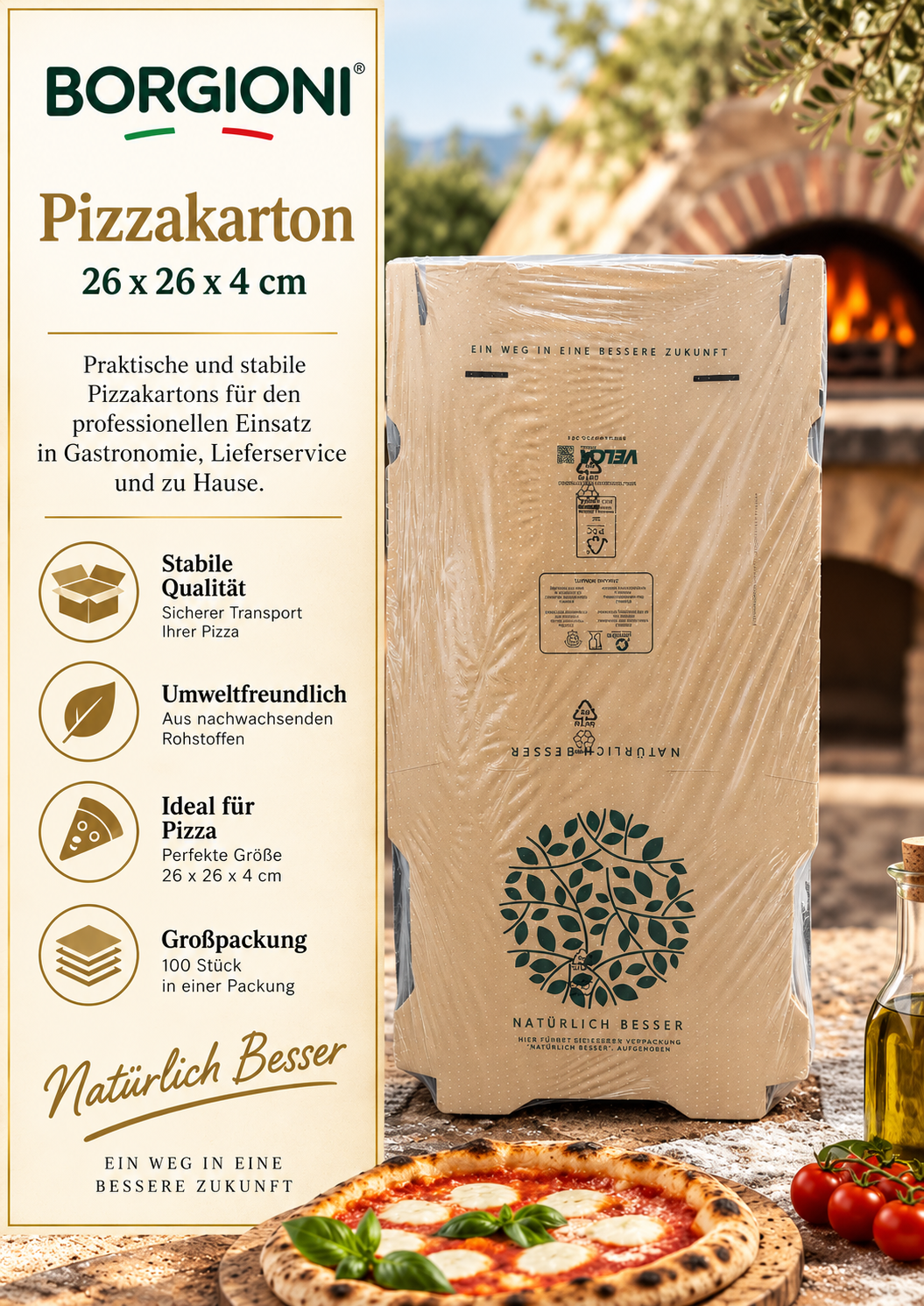 Pizzakarton, Pizza-Box, 26x26x4 cm, Umweltfreundlich, Großpackung