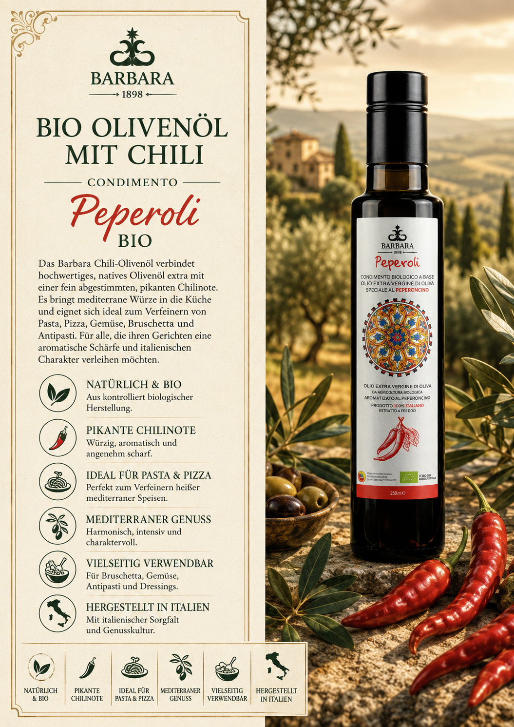 Bio Olivenöl, Chili, Olivenöl, Peperoni, 250 ml
