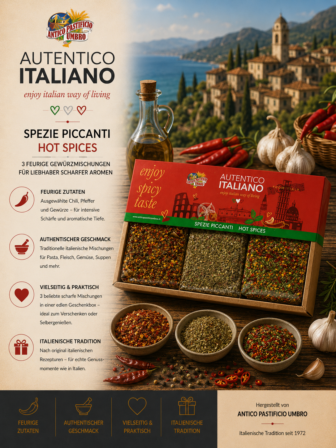 Kräuter-Gewürze, Hot Spices, Italienische Gewürze, Pasta Würzsalz, Spezie Piccanti