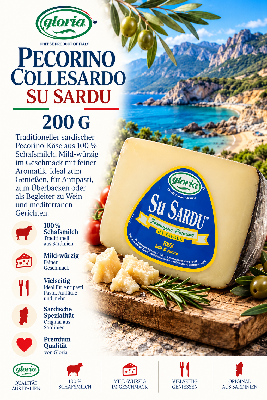 Käse, Pecorino, Sardischer Käse, 200 g, Laib/Block