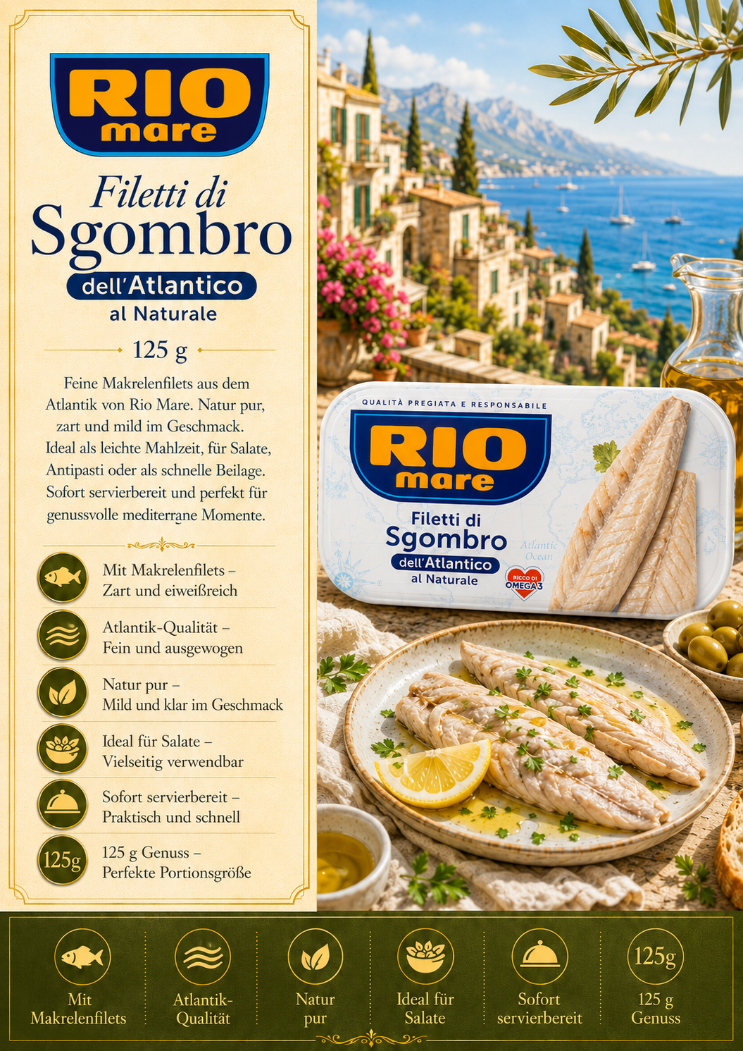 Makrele, Filetti di Sgombro, Atlantik, Naturale, 125 g