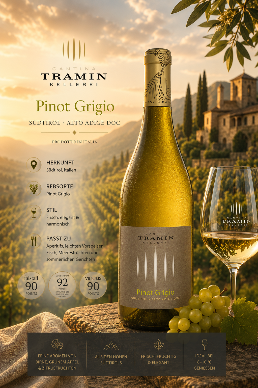 Pinot Grigio, Weinflasche, Weinglas, Vitikultur Südtirol, Italienischer Wein