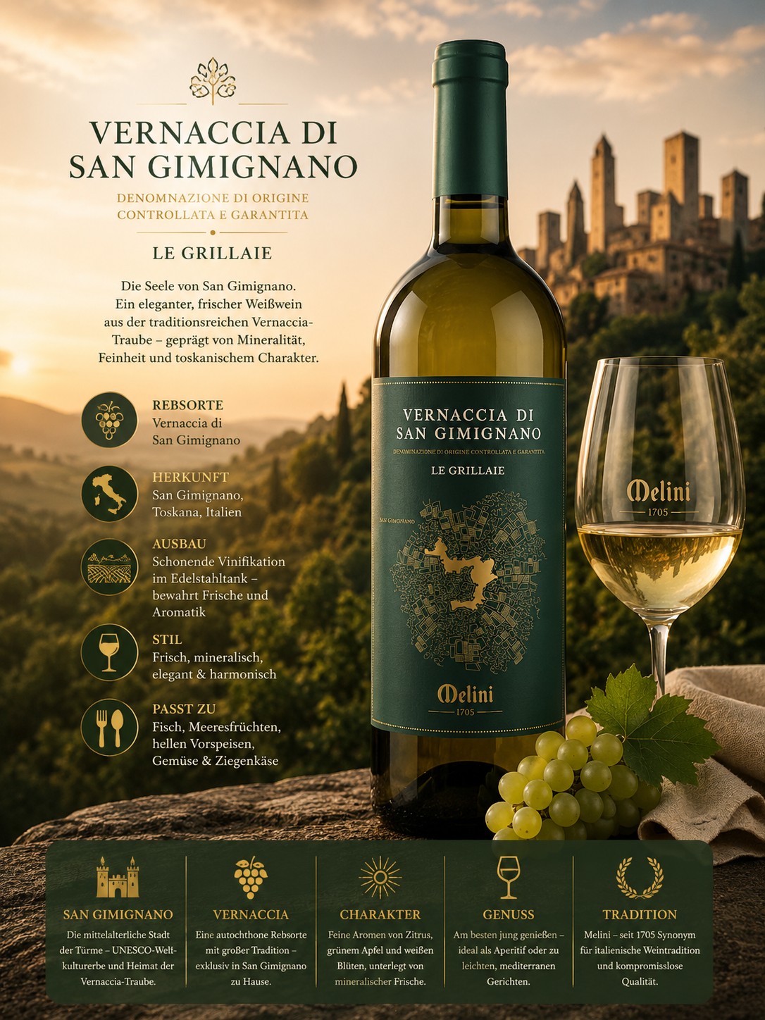Weißwein, Vernaccia di San Gimignano, Flasche, Weinglas, Grün garnitur