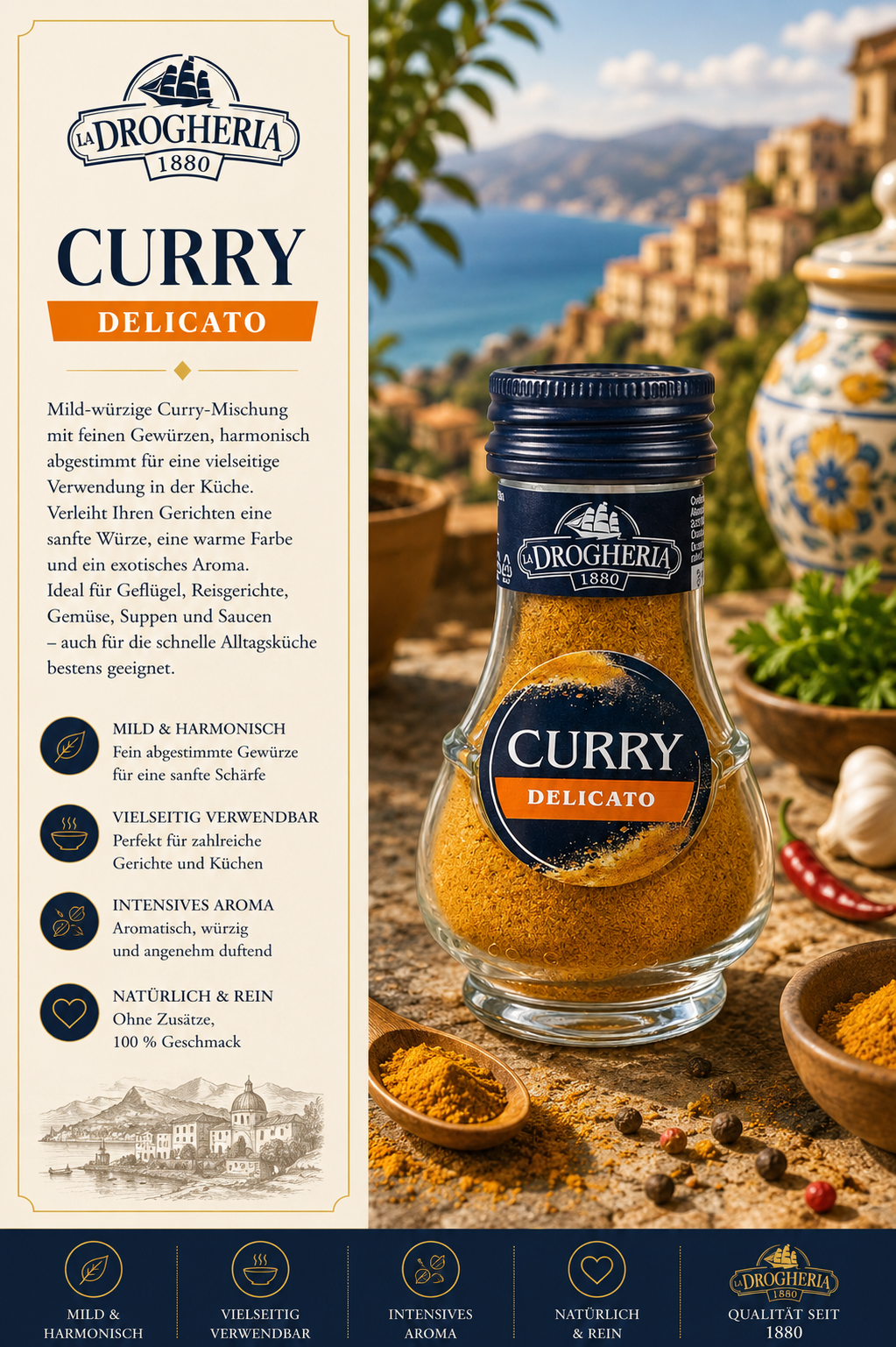 Curry, Delicato, Gewürz, Glasflasche, DrogHeria