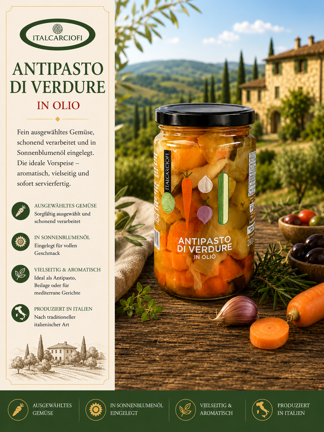 Antipasto, Verdure, Glasbehälter mit Gemüse, Olivenöl, Gemüse im Glas
