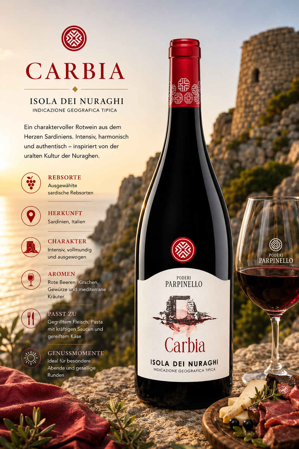 Rotwein, Paarpinello, Isola dei Nuraghi, Flasche, Etikett Rotwein