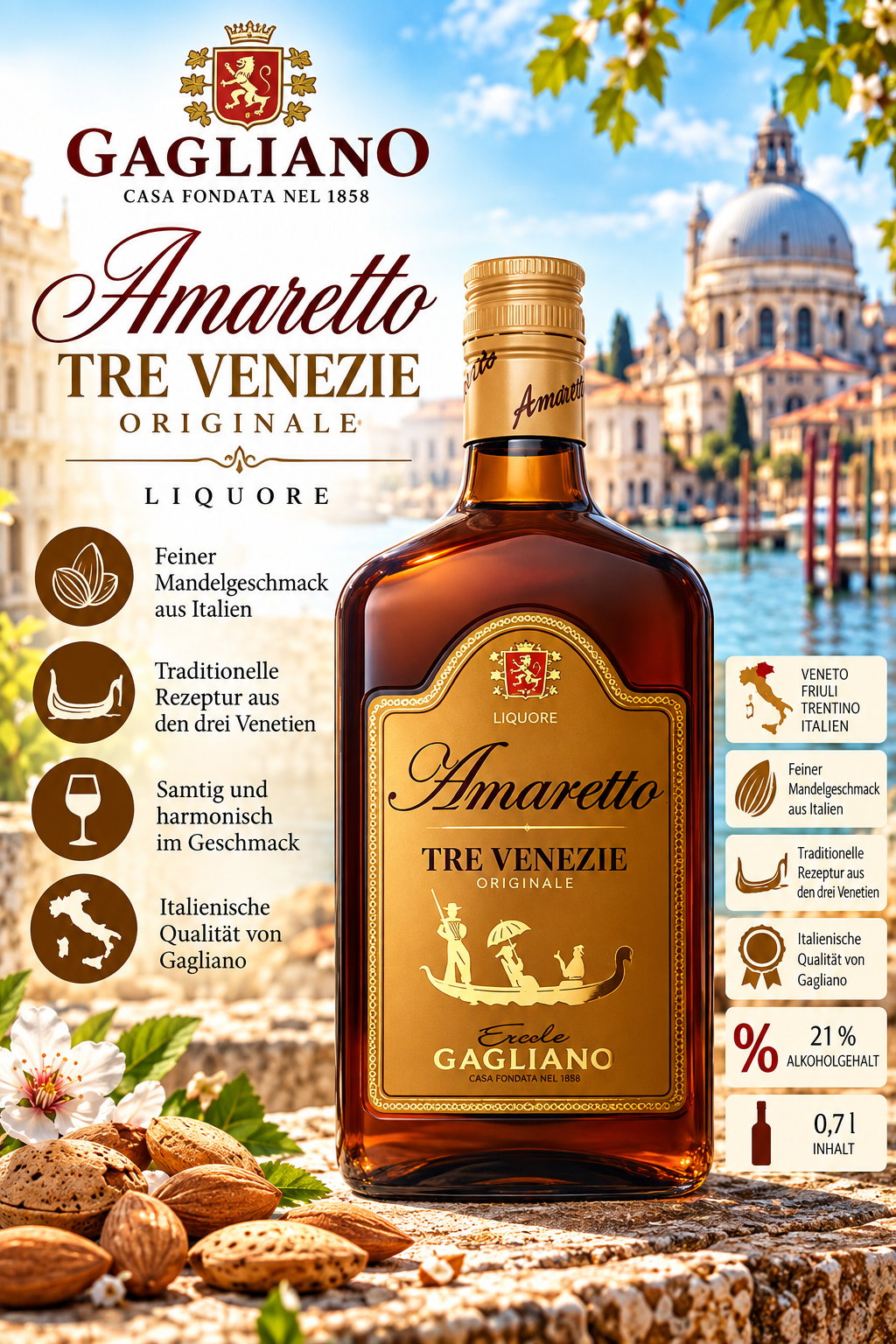 Likör, Amaretto, Tre Venezie, Italienische Qualität, 0,7 Liter