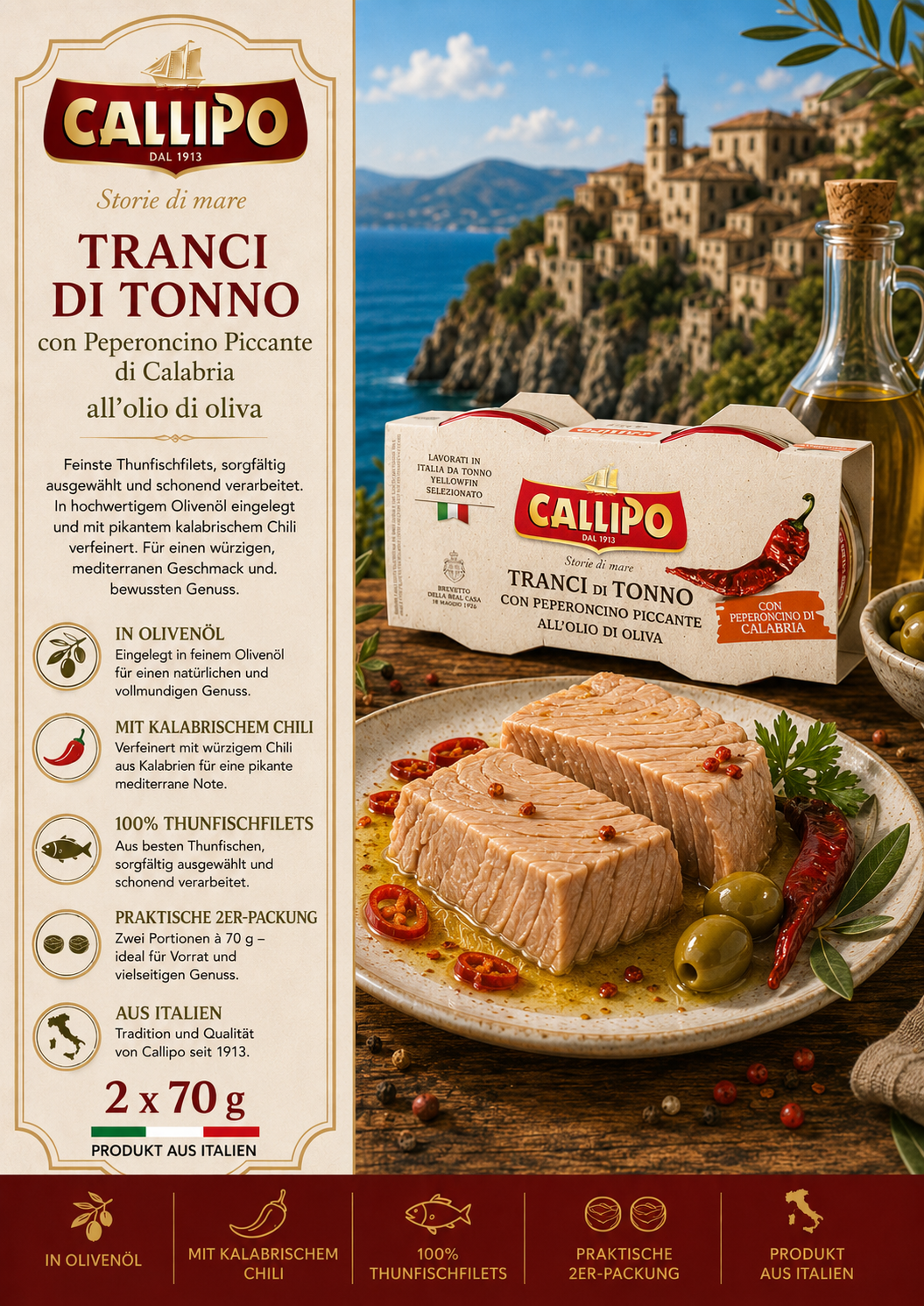Thunfisch, Würziger Thunfisch, Olivenöl, Chili, Tranci di tonno