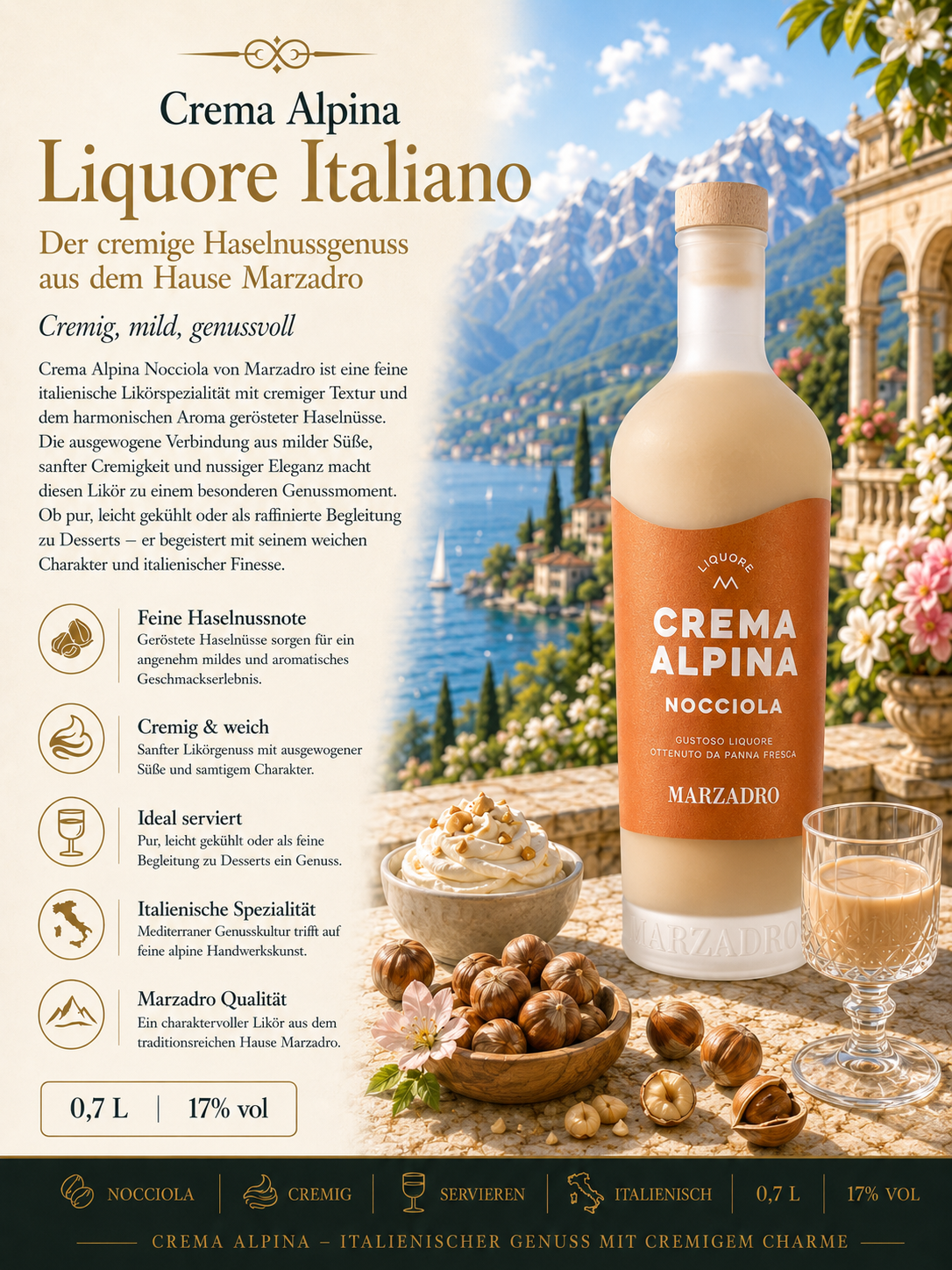 Likör, Noccioia, Marzad ro, Crema Alpina, Haselnuss