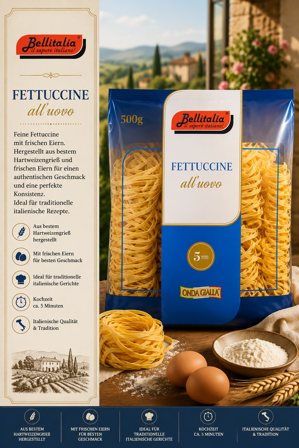 Fettuccine, Pasta, Italienische Küche, 500g, Eiernudeln