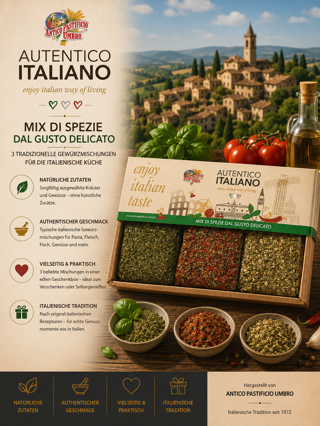 italienische würzmischung, mix di spezie, küchengewürz, trockene kräuter, edelholzflasche