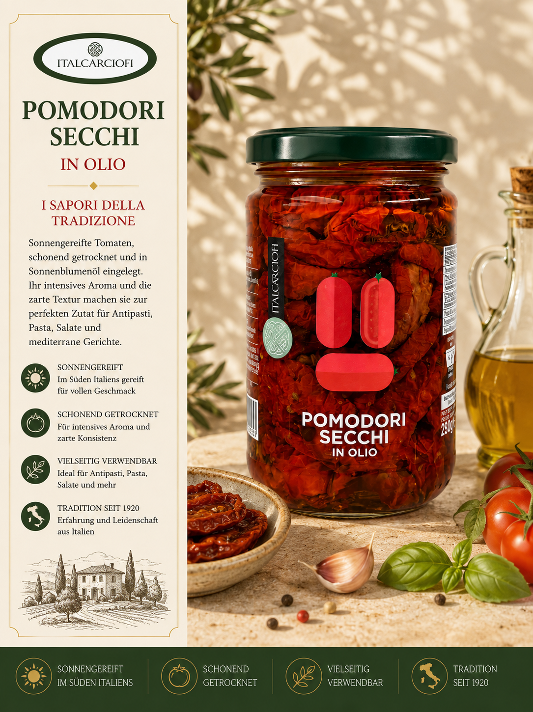 Tomate, getrocknet, in Öl, Glas, Pomidori secchi