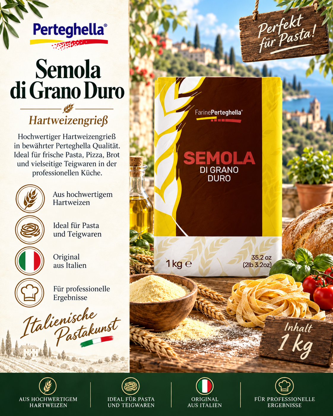 Semola, Hartweizengrieß, Italienische Pasta, 1 kg, Pasta-Produkt